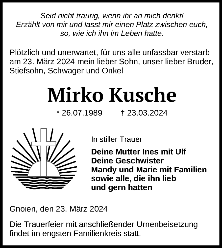  Traueranzeige für Mirko Kusche vom 05.04.2024 aus Nordkurier Mecklenburger Schweiz