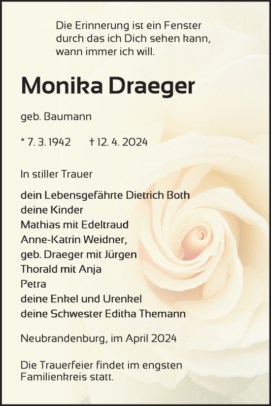 Traueranzeige von Monika Draeger von Nordkurier Neubrandenburger Zeitung