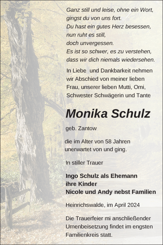 Traueranzeige von Monika Schulz von Nordkurier Haff-Zeitung