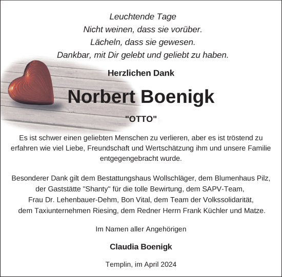 Traueranzeige von Norbert Boenigk von Uckermark Kurier Templiner Zeitung