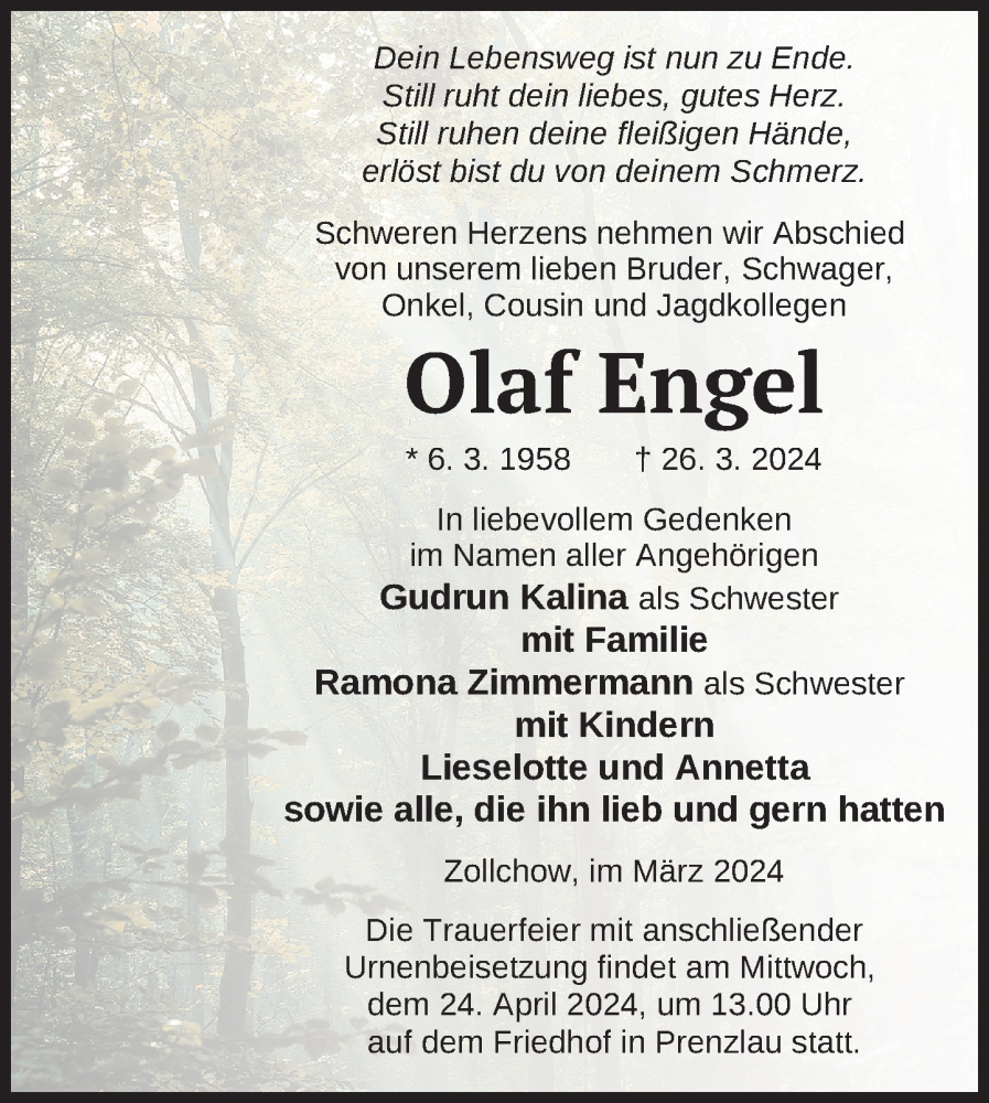  Traueranzeige für Olaf Engel vom 04.04.2024 aus Uckermark Kurier Prenzlauer Zeitung