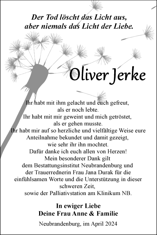 Traueranzeige von Oliver Jerke von Nordkurier Neubrandenburger Zeitung
