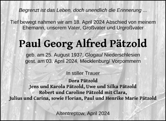 Traueranzeige von Paul Georg Alfred Pätzold von Nordkurier Neubrandenburger Zeitung