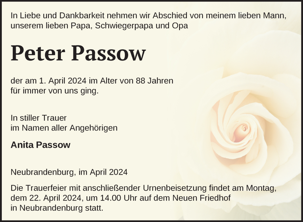  Traueranzeige für Peter Passow vom 13.04.2024 aus Nordkurier Neubrandenburger Zeitung