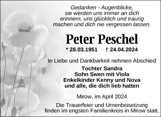 Traueranzeige von Peter Peschel von Nordkurier Strelitzer Zeitung