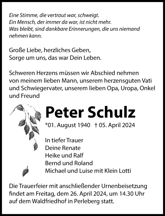 Traueranzeige von Peter Schulz 