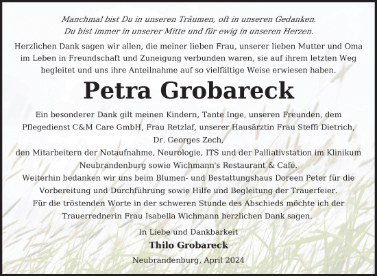 Traueranzeige von Petra Grobareck von Nordkurier Neubrandenburger Zeitung
