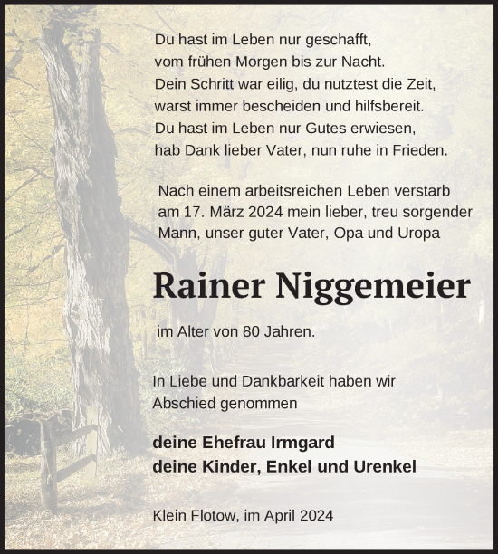 Traueranzeige von Rainer Niggemeier von Nordkurier Müritz-Zeitung