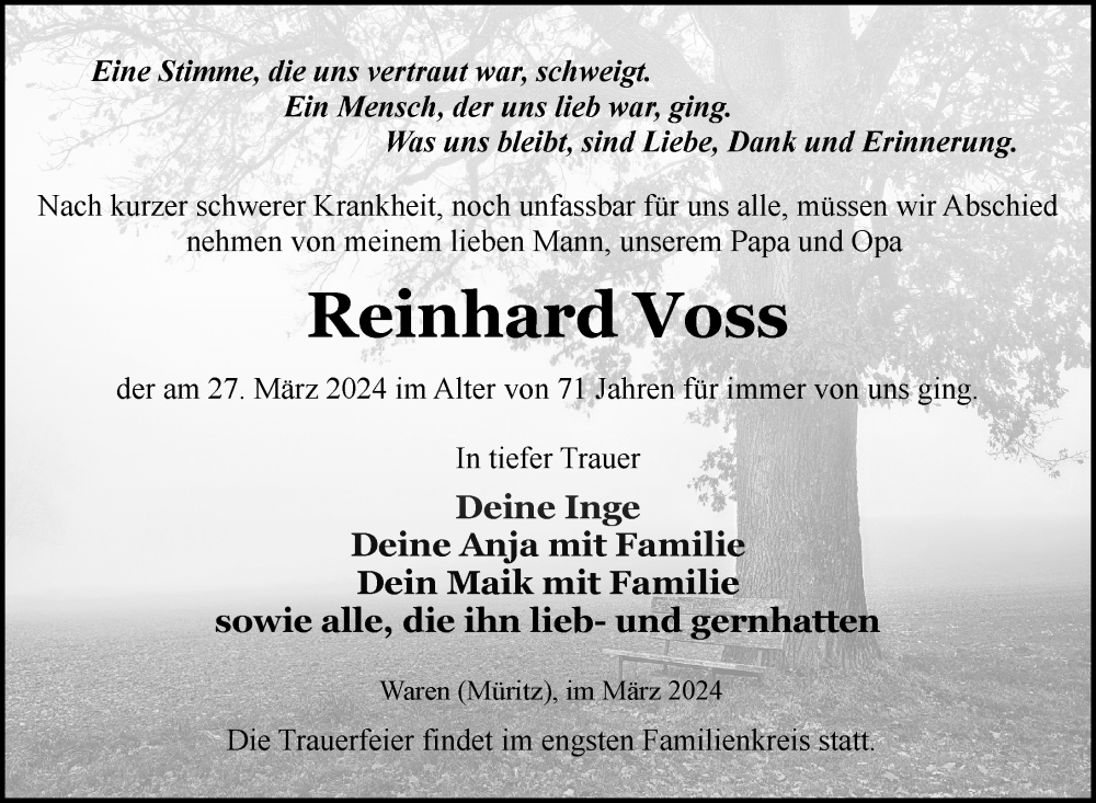 Traueranzeige für Reinhard Voss vom 06.04.2024 aus Nordkurier Müritz-Zeitung
