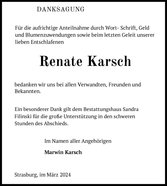 Traueranzeige von Renate Karsch von Nordkurier Neubrandenburger Zeitung