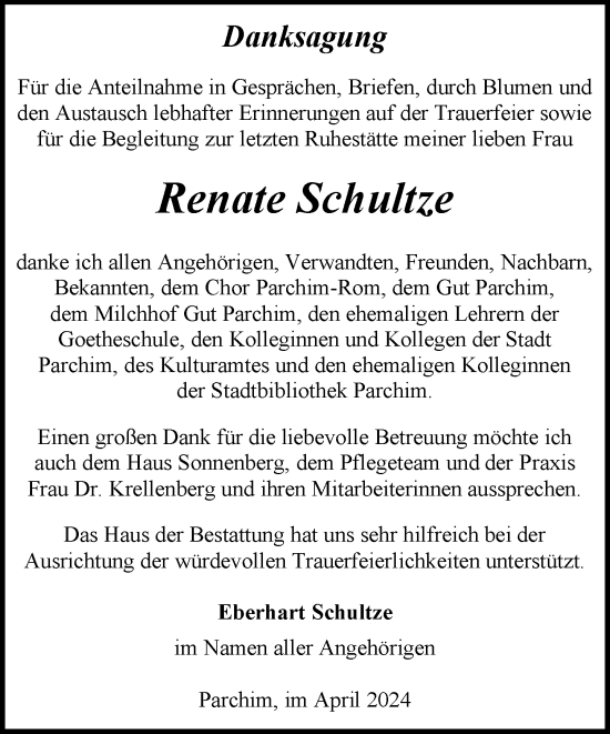 Traueranzeige von Renate Schultze 