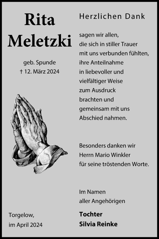 Traueranzeige von Rita Meletzki von Nordkurier Haff-Zeitung