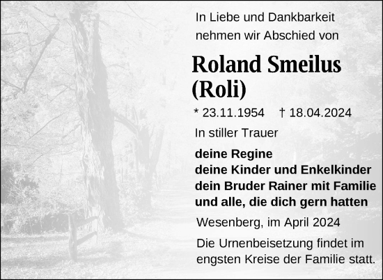 Traueranzeige von Roland Smeilus von Nordkurier Strelitzer Zeitung