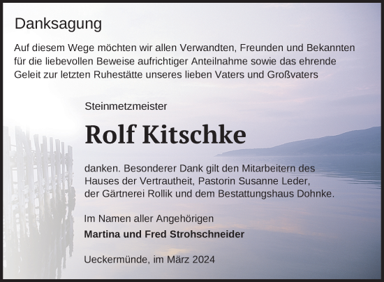 Traueranzeige von Rolf Kitschke von Nordkurier Haff-Zeitung