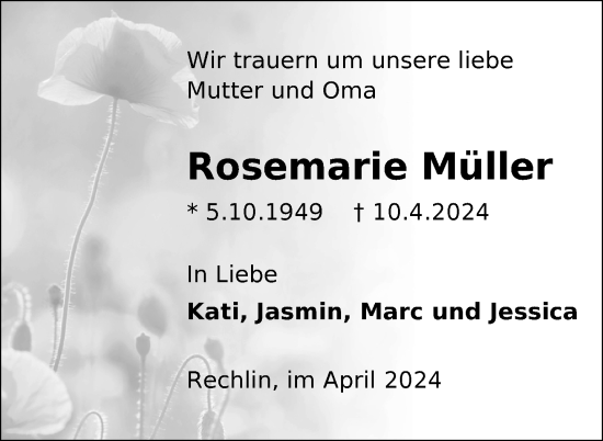 Traueranzeige von Rosemarie Müller von Nordkurier Strelitzer Zeitung