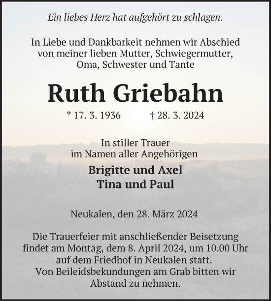 Traueranzeige von Ruth Griebahn von Nordkurier Mecklenburger Schweiz