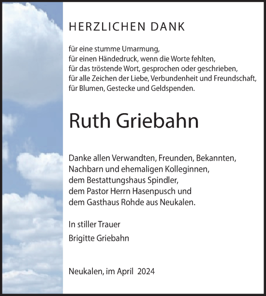 Traueranzeige von Ruth Griebahn von Nordkurier Mecklenburger Schweiz