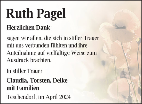 Traueranzeige von Ruth Pagel von Nordkurier Neubrandenburger Zeitung