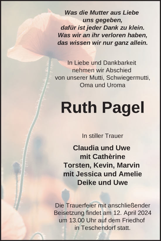 Traueranzeige von Ruth Pagel von Nordkurier Neubrandenburger Zeitung