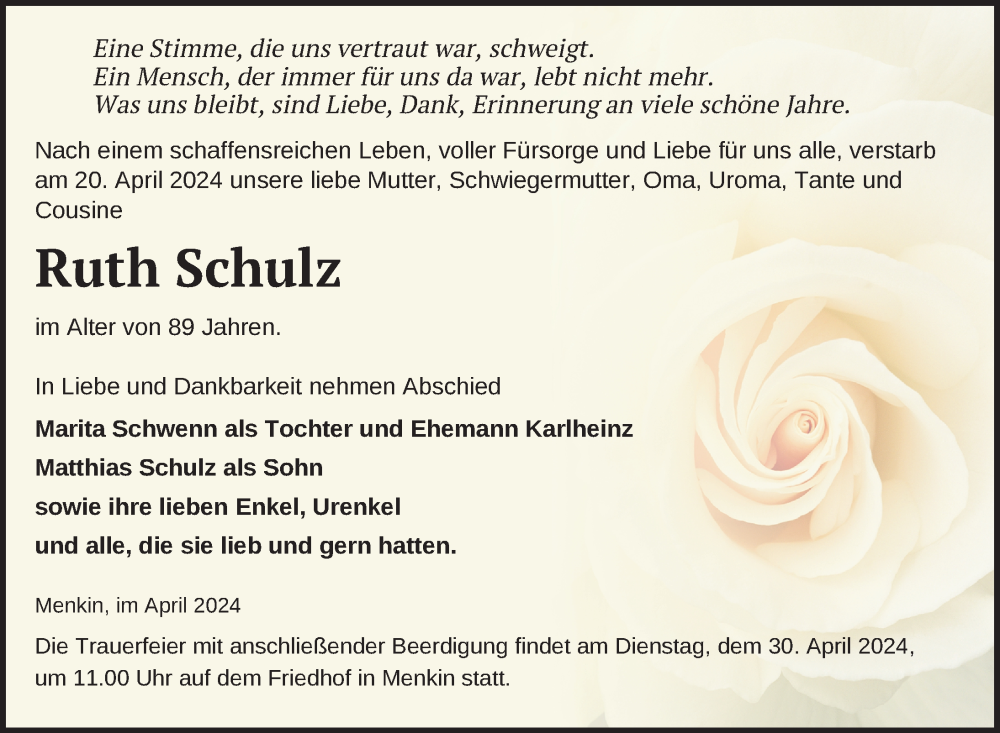  Traueranzeige für Ruth Schulz vom 25.04.2024 aus Uckermark Kurier Prenzlauer Zeitung