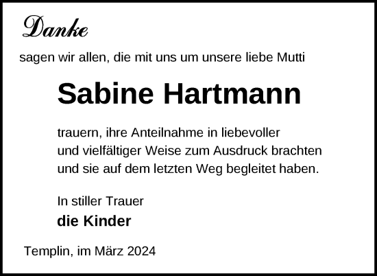 Traueranzeige von Sabine Hartmann von Uckermark Kurier Templiner Zeitung