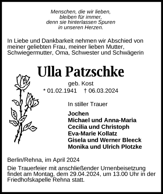 Traueranzeige von Ulla Patzschke 