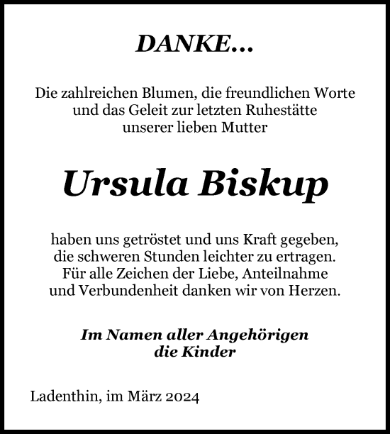 Traueranzeige von Ursula Biskup von Nordkurier Pasewalker Zeitung