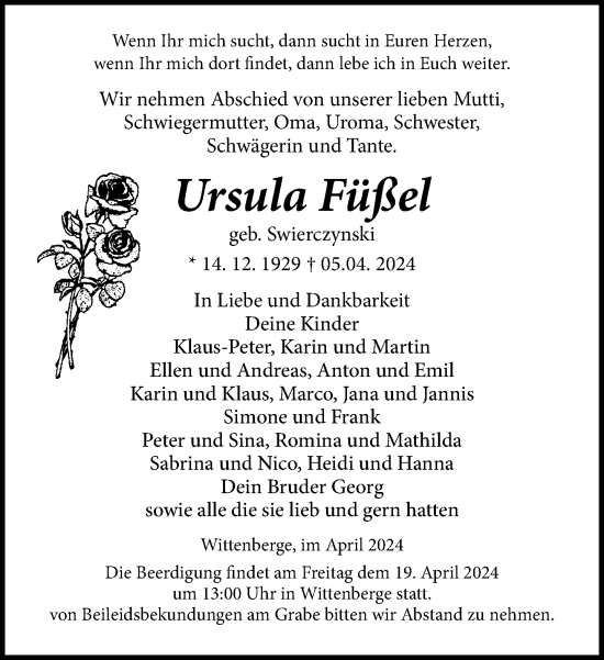 Traueranzeige von Ursula Füßel 