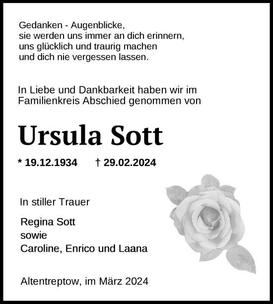 Traueranzeige von Ursula Sott von Nordkurier Neubrandenburger Zeitung