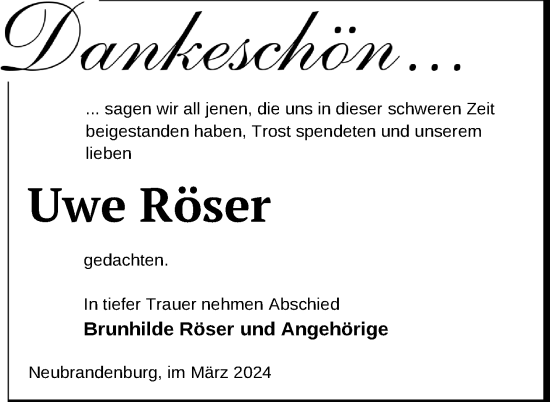 Traueranzeige von Uwe Röser von Nordkurier Neubrandenburger Zeitung