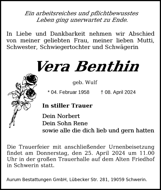 Traueranzeige von Vera Benthin 