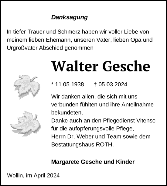 Traueranzeige von Walter Gesche von Uckermark Kurier Prenzlauer Zeitung