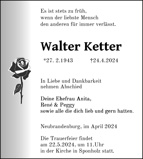 Traueranzeige von Walter Ketter von Nordkurier Neubrandenburger Zeitung