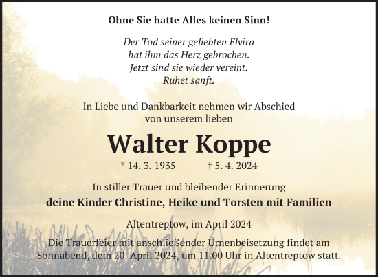 Traueranzeige von Walter Koppe von Nordkurier Neubrandenburger Zeitung