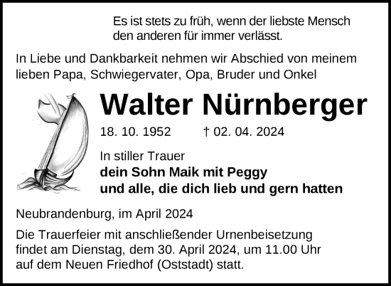 Traueranzeige von Walter Nürnberger von Nordkurier Neubrandenburger Zeitung