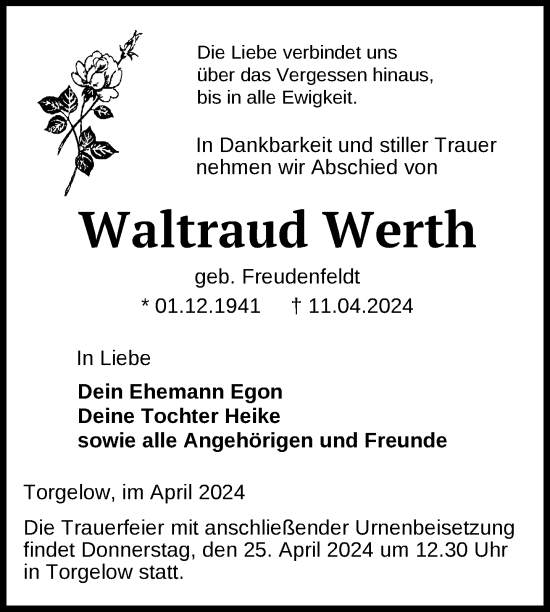 Traueranzeige von Waltraud Werth von Nordkurier Haff-Zeitung