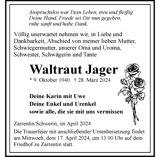 Traueranzeige von Waltraut Jager 