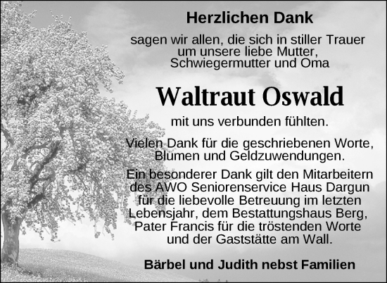 Traueranzeige von Waltraut Oswald von Nordkurier Mecklenburger Schweiz