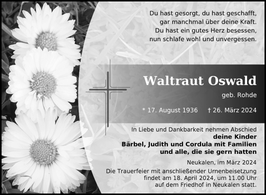 Traueranzeige von Waltraut Oswald von Nordkurier Mecklenburger Schweiz