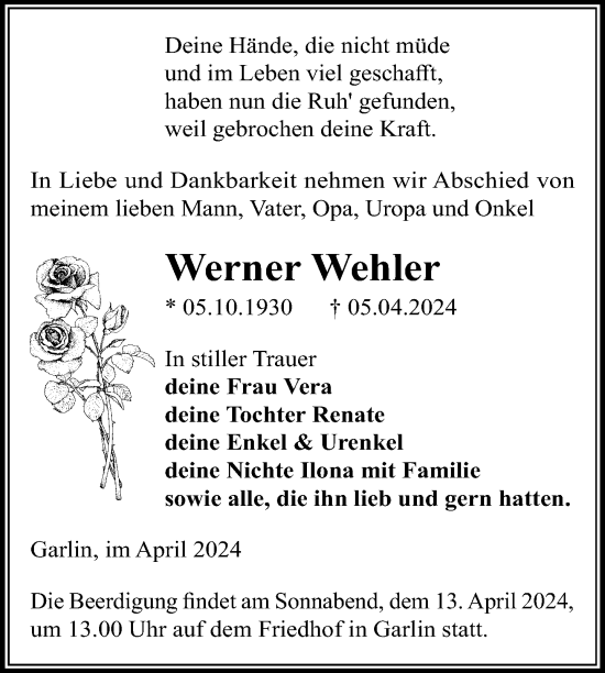 Traueranzeige von Werner Wehler 