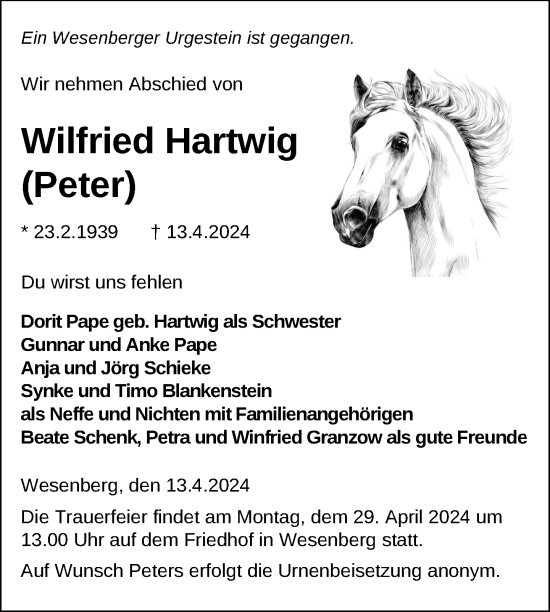 Traueranzeige von Wilfried Hartwig von Nordkurier Strelitzer Zeitung