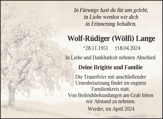 Traueranzeige von Wolf-Rüdiger Lange von Nordkurier Neubrandenburger Zeitung
