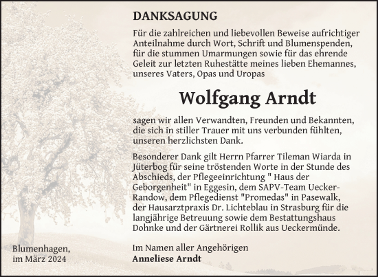 Traueranzeige von Wolfgang Arndt von Nordkurier Pasewalker Zeitung