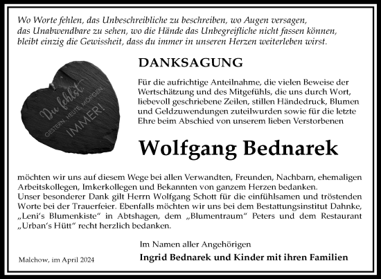 Traueranzeige von Wolfgang Bednarek von Nordkurier Müritz-Zeitung