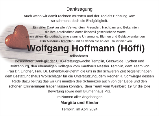 Traueranzeige von Wolfgang Hoffmann von Uckermark Kurier Templiner Zeitung