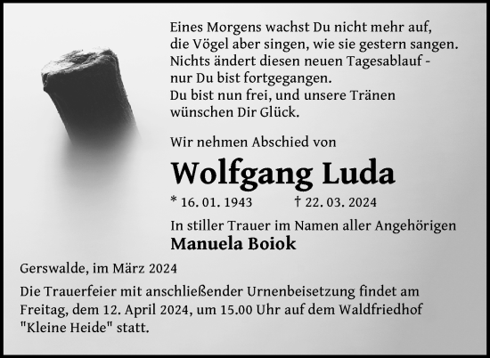 Traueranzeige von Wolfgang Luda von Uckermark Kurier Prenzlauer Zeitung