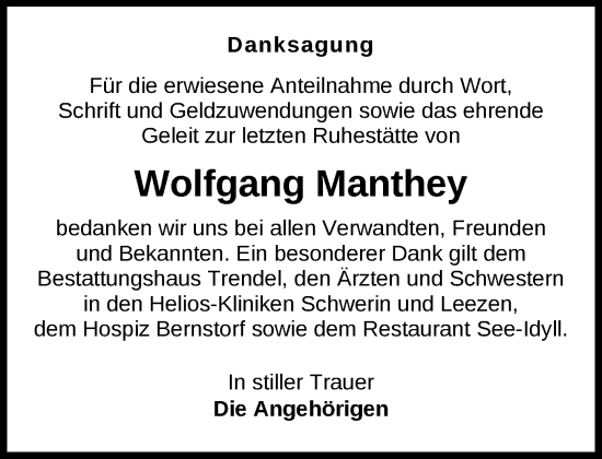 Traueranzeige von Wolfgang Manthey 