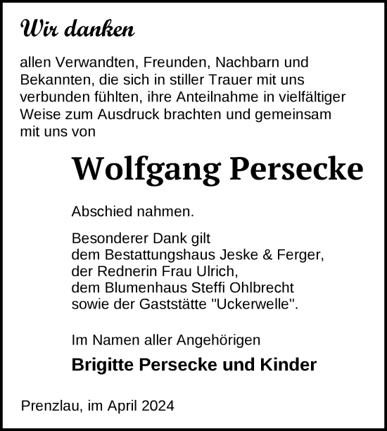 Traueranzeige von Wolfgang Persecke von Uckermark Kurier Prenzlauer Zeitung