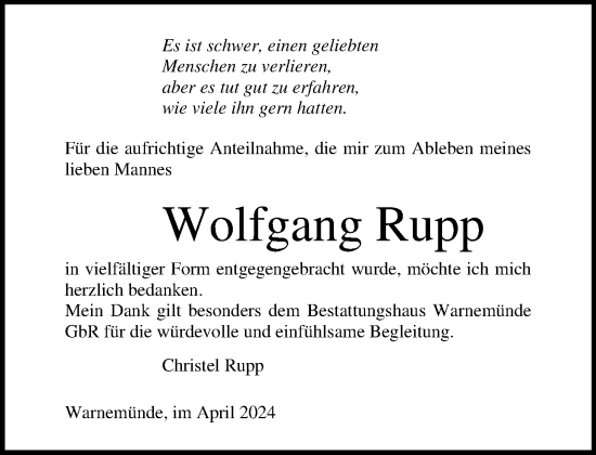 Traueranzeige von Wolfgang Rupp 