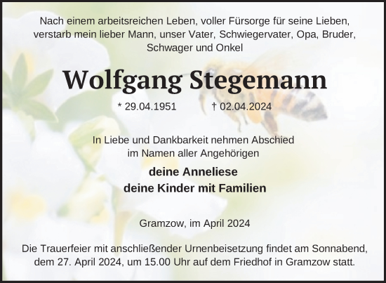 Traueranzeige von Wolfgang Stegemann von Uckermark Kurier Prenzlauer Zeitung